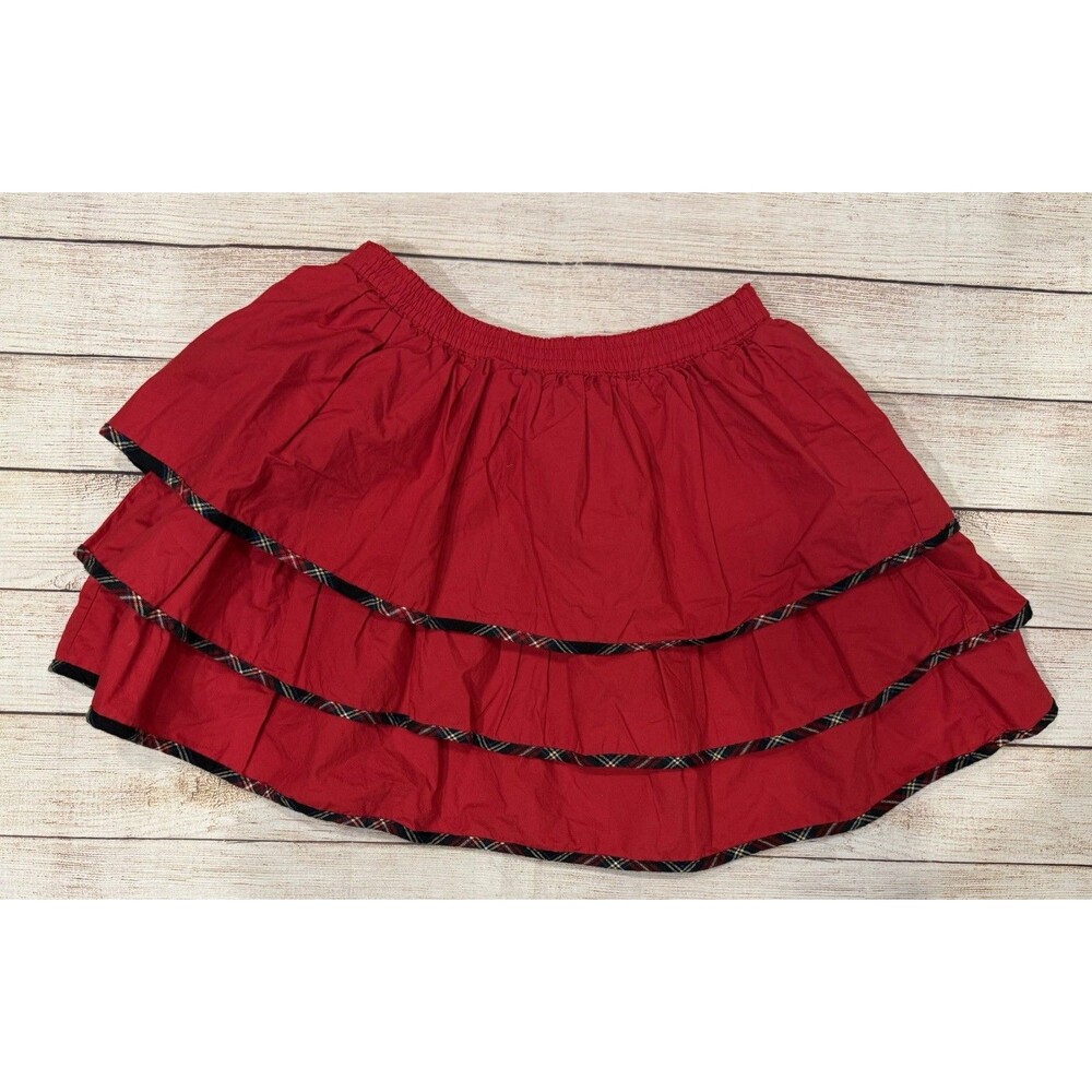 Lands’ End Kids Red with Black Plaid Tiered Mini Cotton Skirt Holiday Size 10